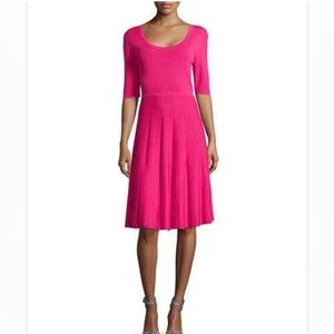 Hot Pink Knit Scoop Neck Pleated Skirt Fit & Flare Dress 3/4 Sleeve M